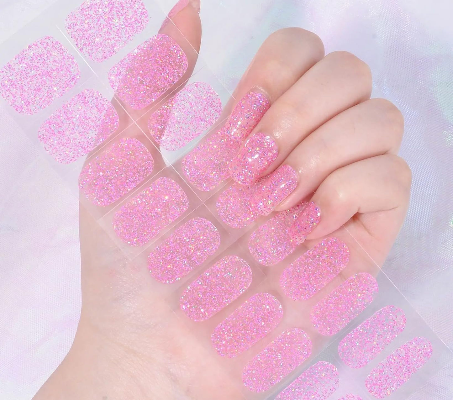 Generic Semi-Cured Gel Nail Strips (Glimmering Pink) - Ultra Glossy, No UV Needed, Salon-Quality, Long Lasting, Easy to Apply- Set of 24